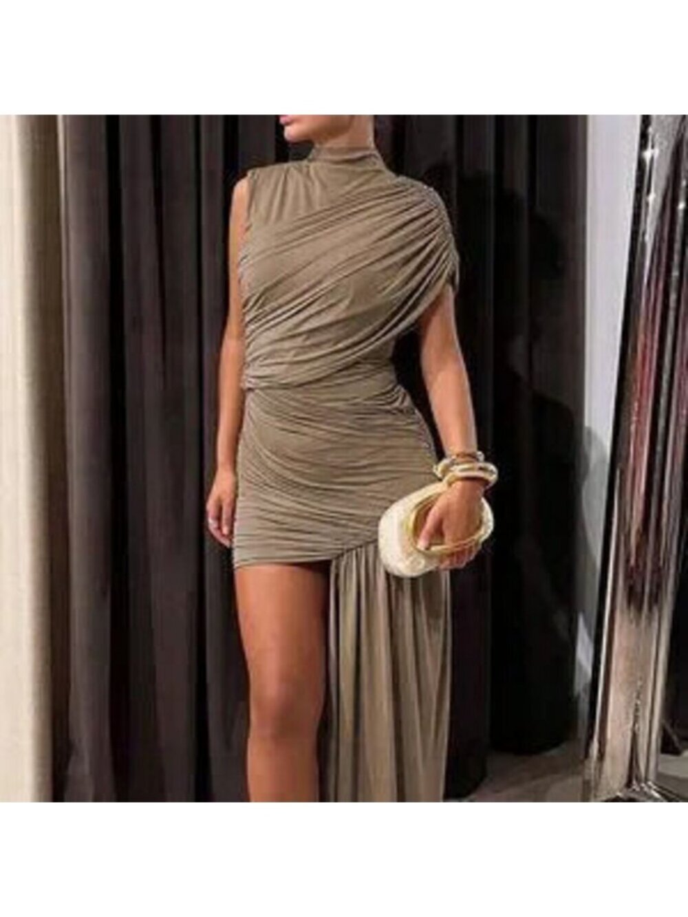 Khaki Elegant Women's Ruched Bodycon Mini Dress Sexy Party